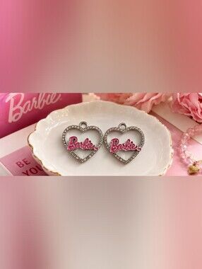 Barbie 2022 Mattel Pink Logo Heart Rhinestone Charms Set
